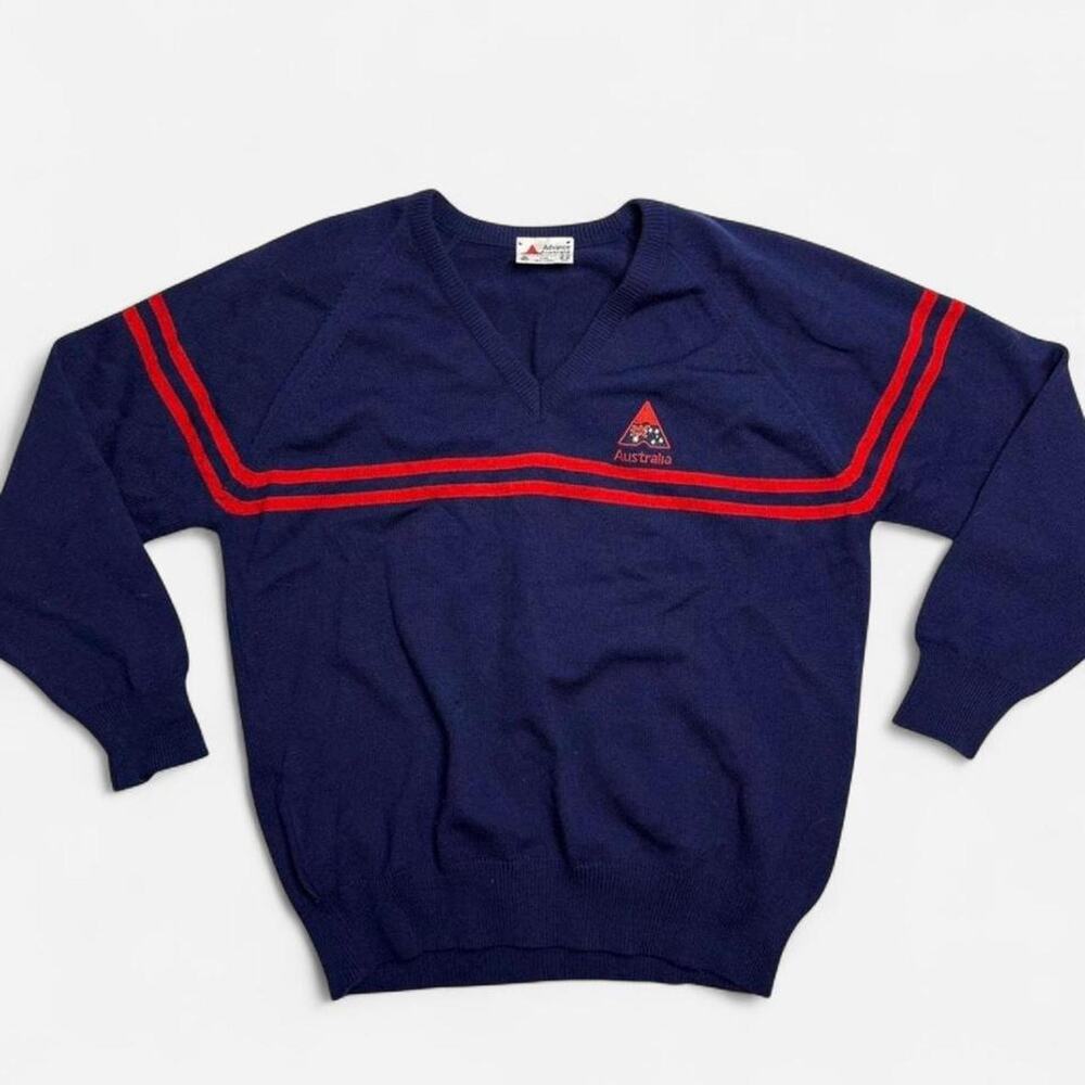 Vintage Advance Australia V Neck Wool Sweater Navy Red Striped Made Australia L